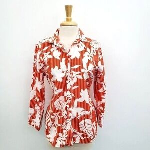 Chicos Womens 6 Small Orange White Floral Button Front‎ Shirt Career Blouse